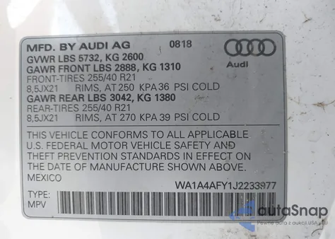 2018 Audi Sq5 3.0T Premium Plus z USA, uszkodzony, nr VIN WA1A4AFY1J2233977